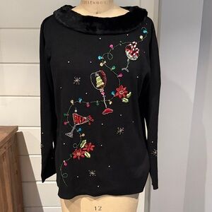 Vintage Christmas embroidered sequins faux fur Black Sweater by Kikit L